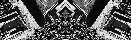 Manipulated image of microphotos of rock thin sections in double golden rectangle aspect ratio by Colorado artist Doug Craft